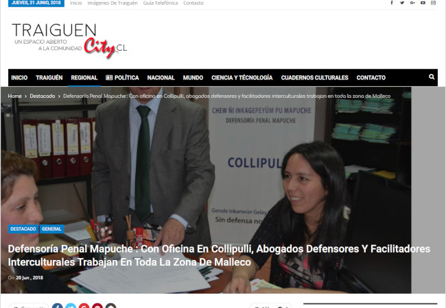 El equipo de la DPM en Collipulli: el defensor Ricardo C&aacute;ceres, la asistente Lorena Fari&ntilde;a y la facilitadora intercultural Rosa Huenchumilla.