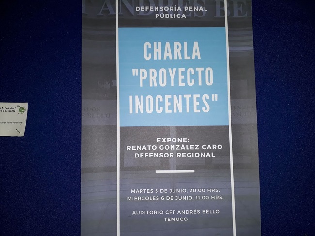 El afiche que convoc&oacute; a la charla dictada por el Defensor Regional de La Araucan&iacute;a, Renato Gonz&aacute;lez.