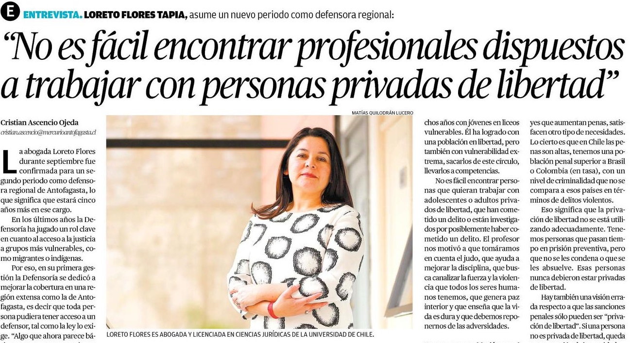 Entrevista a la Defensora Regional de Antofagasra, Loreto Flores, en El Mercurio de esa ciudad.