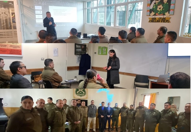 El Defensor Regional, Marco Montero; la jefa de Estudios, Viviana Castel, y el defensor penal de Yungay capacitaron a carabineros de &Ntilde;uble.