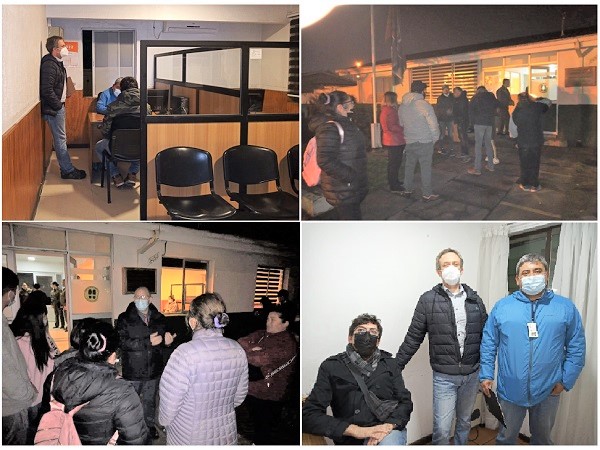 Defensores p&uacute;blicos al interior y exterior de la Cuarta Comisar&iacute;a de Hualp&eacute;n, atendiendo a los detenidos y sus familias tras el desalojo de ENAP.