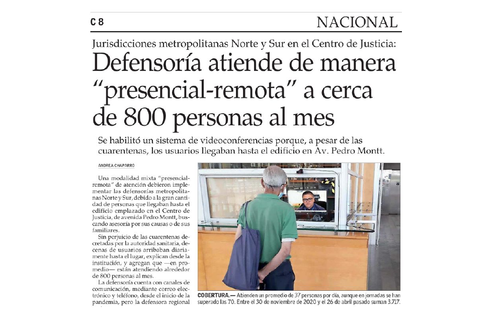 El Mercurio destac&oacute; a la Defensor&iacute;a como el &uacute;nico servicio que atiende al p&uacute;blico que llega al Centro de Justicia de Santiago (CJS).