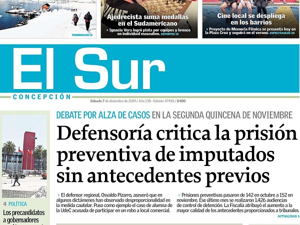 El s&aacute;bado 7 de diciembre la portada de El Sur de Concepci&oacute;n dio cuenta de la postura de la Defensor&iacute;a ante el aumento de las prisiones preventivas.