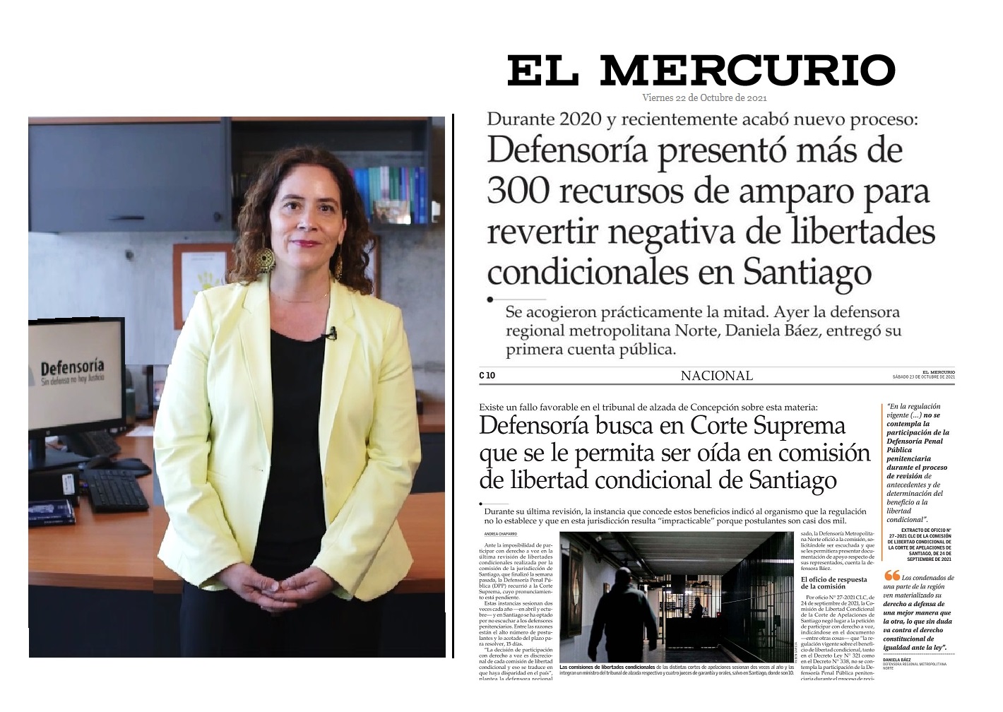 El Mercurio dio amplia cobertura a Cuenta P&uacute;blica de Defensora Regional Daniela B&aacute;ez destacando los amparos presentados por libertades condicionales