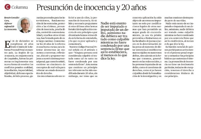 Renato Gonz&aacute;lez en la publicaci&oacute;n de El Austral, relevando la presunci&oacute;n de inocencia durante el seminario por los 20 a&ntilde;os de la reforma.