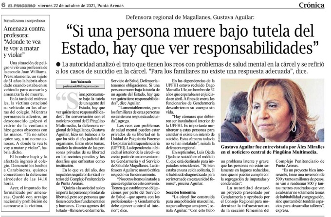 El articulo de prensa  fue publicado por el Diario el Ping&uuml;ino, este viernes 22 de octubre.