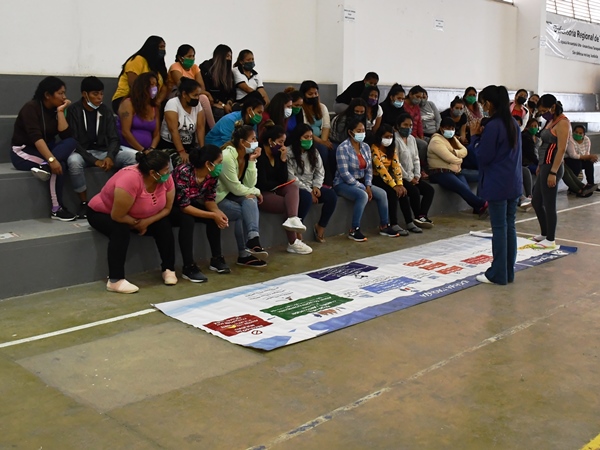 Con la ayuda de la facilitadora intercultural Andrea Mamani, las mujeres imputadas revisaron un esquema gr&aacute;fico del proceso penal.