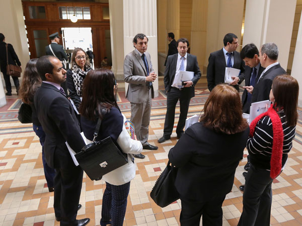 El grupo de defensores p&uacute;blicos latinoamericanos durante su visita a la Corte Suprema, junto a sus colegas chilenos Humberto S&aacute;nchez y Pablo Sanzana.