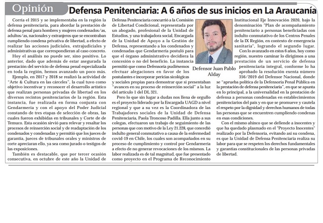 El defensor penal p&uacute;blico Juan Pablo Alday en la publicaci&oacute;n del diario Malleco 7.
