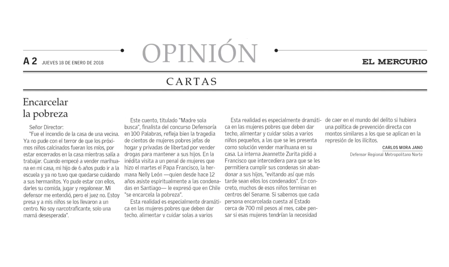 El Mercurio public&oacute; lacarta del Defensor Regional Carlos Mora, referida a la visita del Papa Francisco a la C&aacute;rcel de Mujeres.
