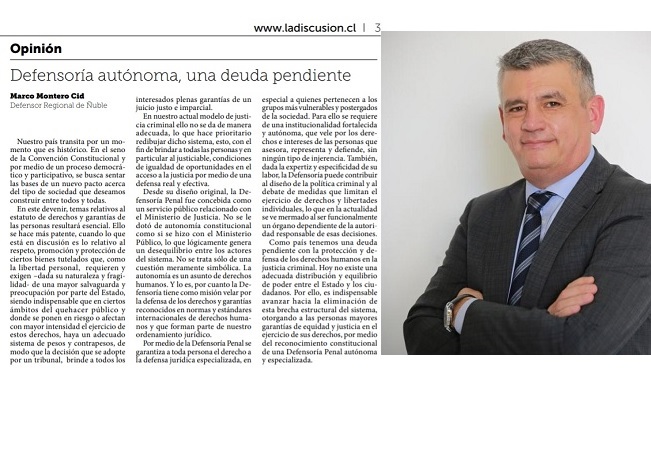 Columna del Defensor Regional de &Ntilde;uble, publicada en el diario "La Discusi&oacute;n" de Chill&aacute;n.