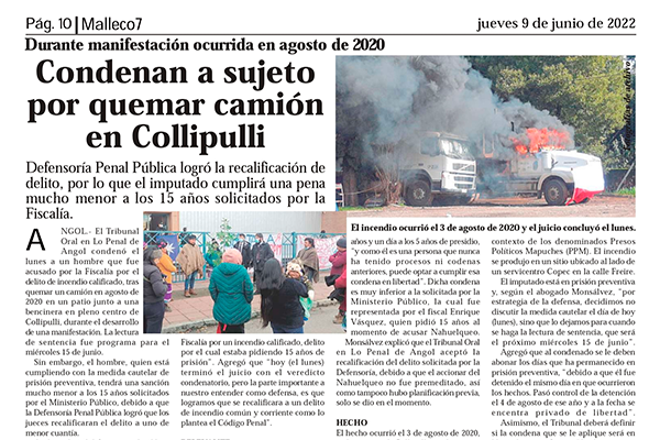 El peri&oacute;dico local "Malleco 7" destac&oacute; el trabajo de la defensa p&uacute;blica en el caso.