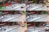 Video muestra a Carlos Tranamil de polera blanca e el paradero.mientras 4 sujetos (destacados) caminan hacia el auto. &Eacute;l corre a ayudar a v&iacute;ctimas